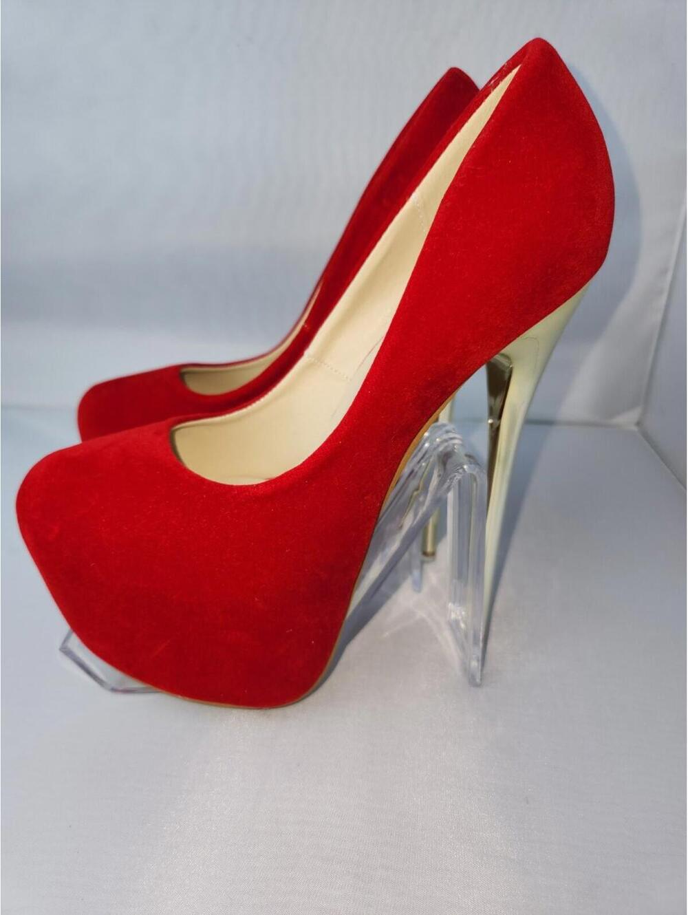 women's shoes stiletto pumps red velvet 6.5" gold heels size 5